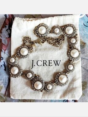 J. Crew Signed Oxidized Brass Faux Pearl Rhinestone Lifesaver Clasp Necklace EUC